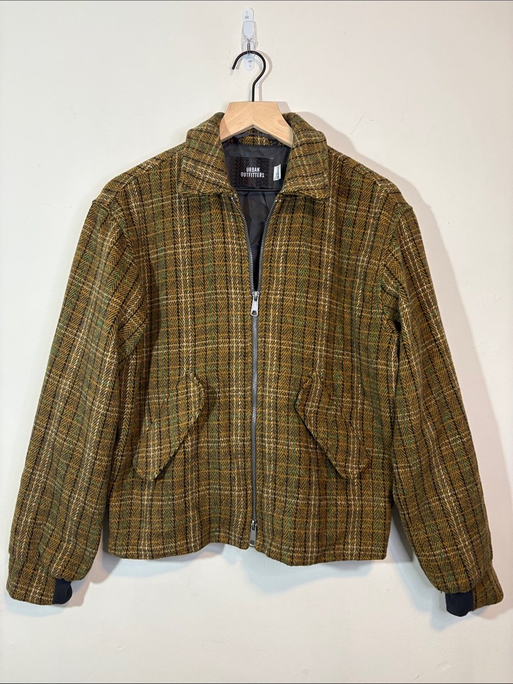 UO Plaid Brushed Double Zip Jacket Plaid Ribbed Cuff Hem Bomber Brown Olive S